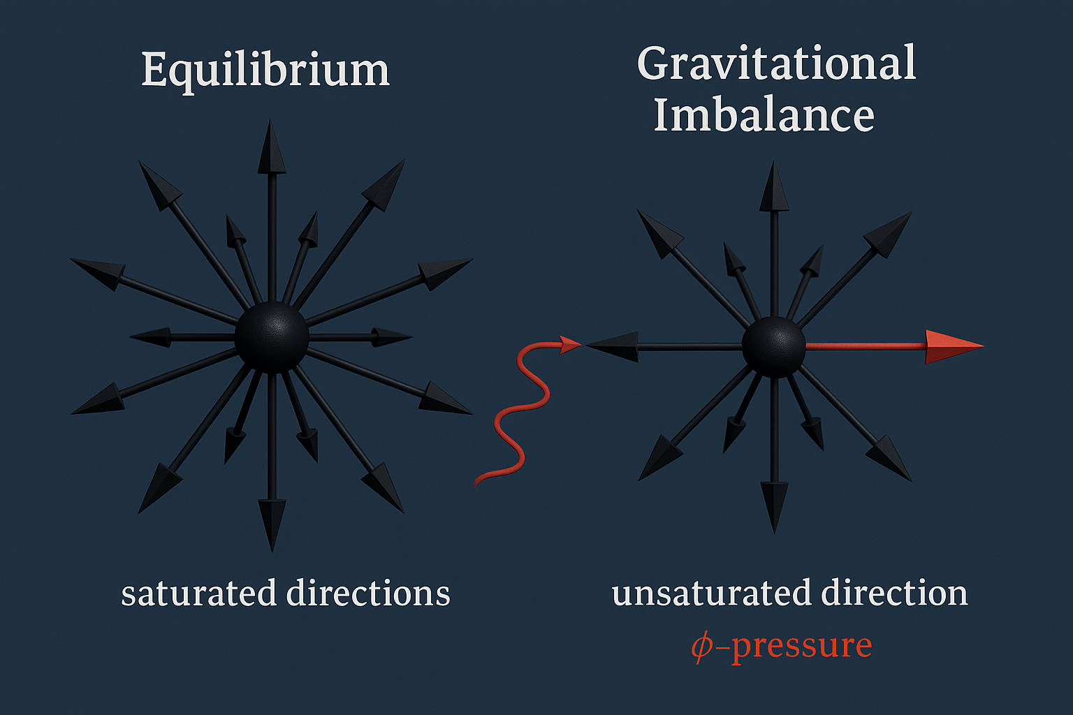 Equilibrium: all outgoing directions saturated; red shows an unsaturated projection.